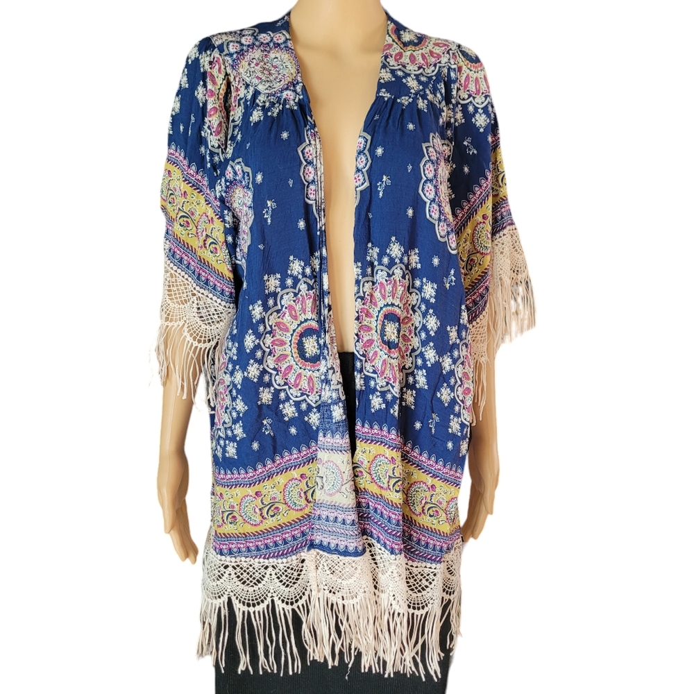 Altered State Paisley Kimono Cardigan Fringe Crochet Boho Festival Womens M/L